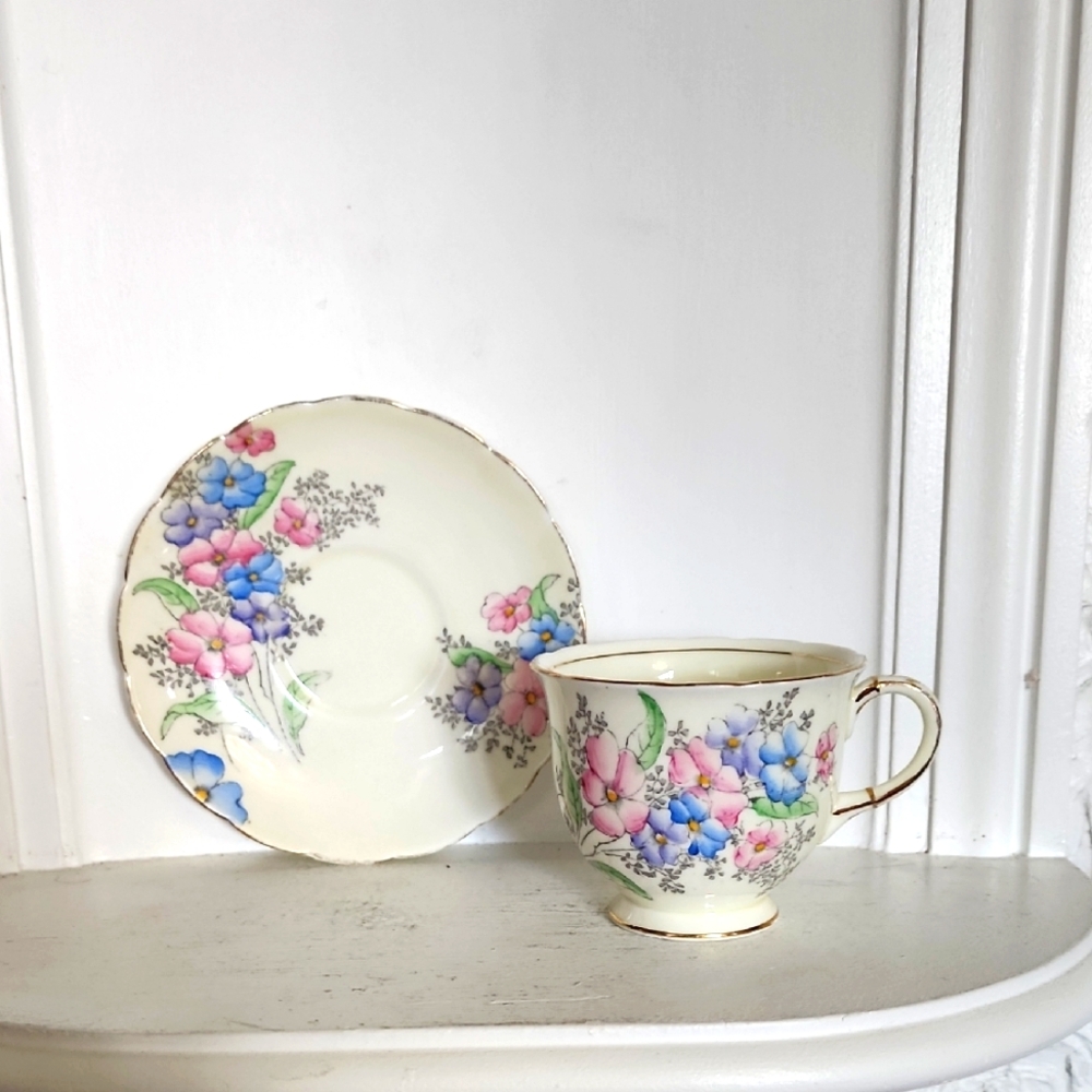 Foley Bone China Teacup & Saucer- Pink Flowers & Blue Leaves - England